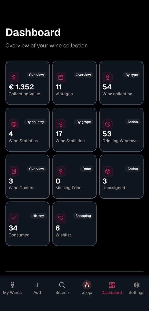 A dashboard with collection value, vintages, drinking windows and more