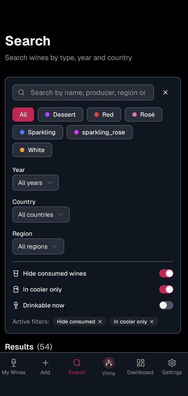 Search and filter wines by type, year, country and region