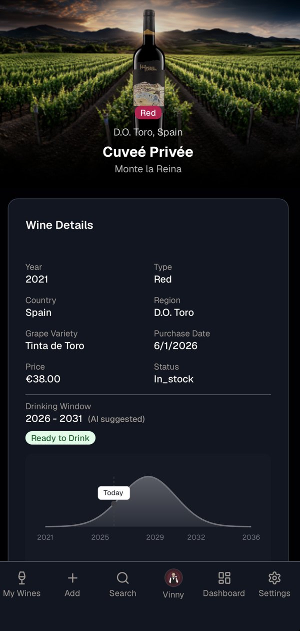 A wine detail page with an AI-estimated drinking window and a ready-to-drink badge